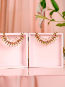 RUBANS Rubans 22K Gold Plated Ruby & Pearl Studded Ear Chain Pearl Brass Ear Thread