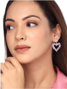 YELLOW CHIMES Sparkling Purple color Crystal Studded Heart Shape Drop Danglers Earrings Crystal Metal Drops & Danglers