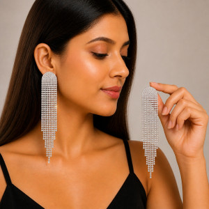KilnKraft Long Crystal Rhinestone Tassel Earrings for Women – Sparkling Partywear Dangler Alloy Tassel Earring