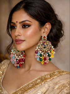 JEWEL HUB STUDIO Ishani Kundan Multicoloured Chandbali Earrings - Women | Bridal Ethnic Earrings Brass, Alloy Chandbali Earring, Jhumki Earring