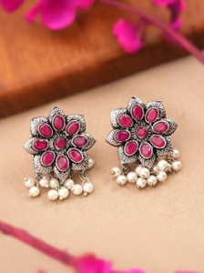 StylishKudi Red Stone Studded Oxidised Earrings With Hanging Pearls Zircon Brass Stud Earring