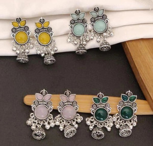 Vigilantee Jewels Combo of 4 Pair Oxidised Traditional Silver Combo Jhumki Earrings Set Alloy Beads, Moonstone, Pearl, Zircon Alloy Chandbali Earring, Drops & Danglers, Earring Set, Huggie Earring, Jhumki Earring