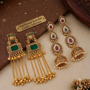 jpcreation Traditional Kundan Combo Earrings Set | Jhumka & Tassel Earrings Beads Alloy Drops & Danglers, Jhumki Earring