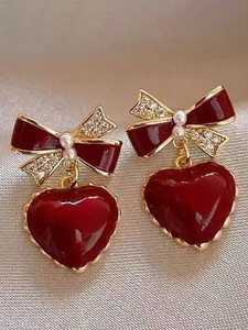 Devisha Trinkets Korean red heart bow cute chic earrings for women Cubic Zirconia Alloy Drops & Danglers, Earring Set, Huggie Earring, Rhinestone Studs, Stud Earring