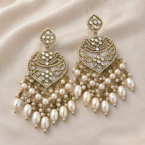 MB MANUBHA Traditional Gold Tone Stone Studded Designer Pearl Jhumka Earrings Cubic Zirconia Alloy Jhumki Earring, Drops & Danglers