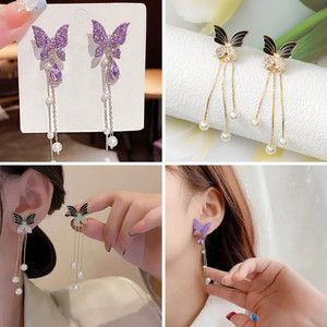 RAPPERSSHOP Purple & Black Butterfly Pearl stud drop Earrings with chain Zircon Alloy Drops & Danglers, Stud Earring, Earring Set, Rhinestone Studs