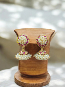 Raikar Jewellers Bellimoda Jhumka | Red Gemstone & Pearl | Lightweight Gold-Plated Copper Jhumki Earring