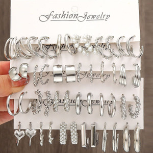 Vembley Combo Of 24 Pairs Silver Plated Hoop And Pearl Earrings For Women/Girls Alloy Hoop Earring