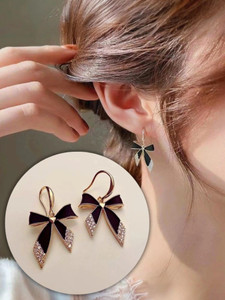 RAPPERSSHOP Korean Black Ribbon Bow Gold Plated Hoop Earrings for Women & Girls Zircon Alloy Drops & Danglers, Earring Set, Stud Earring, Plug Earring