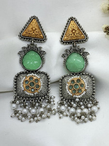 Neeara Fashion Oxidised Long Dangler Earrings for Women | Mint Stone | Dual Tone Party Wear | Alloy Drops & Danglers