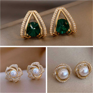 ARK JEWEL Pack of 3 Korean Stylish Gold Stone Studs Tops Earrings Women Girls Light Weight Cubic Zirconia, Crystal Alloy Earring Set, Hoop Earring, Stud Earring