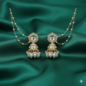 Neeara Fashion Kundan Jhumka Earrings with Hair Chain for Women | White Bead Ethnic Earrings | Alloy Jhumki Earring