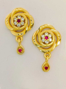 SHE'SJEWELS Ruby-Centred Rose Swirl Gold Dangler Earrings Cubic Zirconia, Ruby Brass Drops & Danglers, Earring Set