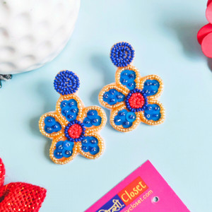 Tipsy Closet Blue Flower y2k Party Handmade Bead Statement Boho Bollywood Earrings Women Girl Beads, Pearl Fabric, Mother of Pearl, Stone Stud Earring