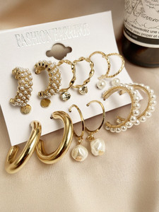 Vembley Combo 9 Pair Stunning Gold Plated Pearl Alloy Hoop Earring