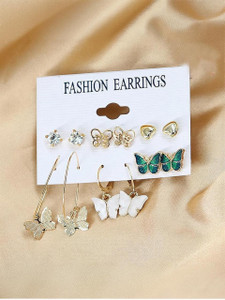 Fashion Frill Trendy AD Gold Plated Butterfly Stud & Drop Earrings For Women Girls Combo of 6 Cubic Zirconia Alloy Earring Set