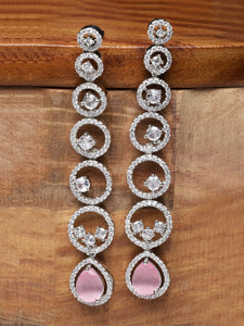 ZENEME Pink & White American Diamond studded Circular Shaped Drop Earrings Cubic Zirconia Brass Drops & Danglers