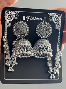 bonnt jewellery Bahubali Jhumka , Navratri Special with hair chain Oxidised silver Earrings Alloy Jhumki Earring