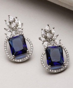 ZENEME Silver Tone Blue & White American Diamond studded Paisley Shaped Studs Earrings Cubic Zirconia Brass Stud Earring
