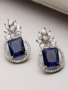 ZENEME Silver Tone Blue & White American Diamond studded Paisley Shaped Studs Earrings Cubic Zirconia Brass Stud Earring