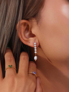 PALMONAS Pearl Drop Diamond Earrings Stainless Steel Stud Earring