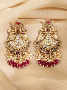 RUBANS 22K Gold-Plated White Kundan Studded Chandbali with Pearl & Ruby Red Beads Brass Chandbali Earring