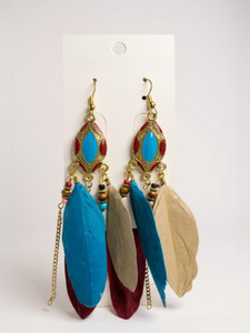 RAPPERSSHOP Boho Multicolor Feather Dangler Earrings Brass, Fabric Jhumki Earring, Drops & Danglers