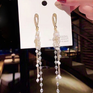 polluxcraft Korean White Pearl Tassels Crystal Studded Ear Cuff Drop Earrings Pearl Alloy Drops & Danglers