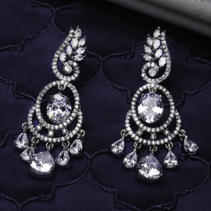 ZENEME Rhodium-Plated White American Diamond studded Oval & Leaf Shaped Drop Earrings Cubic Zirconia Brass Drops & Danglers