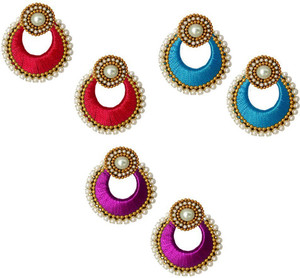 Tia Crafts Handmade Silk Thread Red, Sky Blue and Magenta Silk Dori Chandbali Earring
