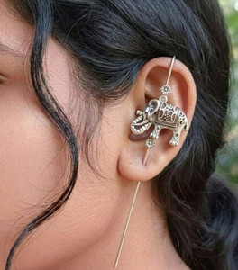 Aktrap Oxidised Silver Elephant Design Bugadi Earrings For Womens & Girls German Silver Cuff Earring