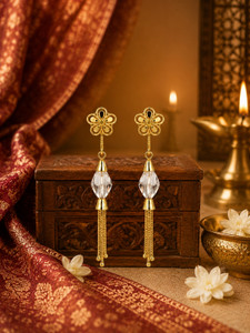 Aaahub Gold-Plated Flower Design Crystal Long Hanging for Women Crystal Brass Drops & Danglers, Chandbali Earring