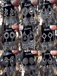 JV CREATION Silver (Pack Of 9) Latest Designer Trendy Cubic Zirconia Alloy Earring Set