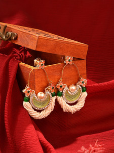 ZAVERI PEARLS Zaveri Pearls Green & Peach Dazzling Stones Cresent Dangle Earring-ZPFK16397 Beads Alloy Drops & Danglers