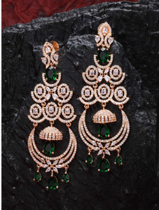 ZENEME Rose Gold Plated & Green American Diamond Studded Crystal Brass Drops & Danglers