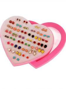 DIVINE Combo/Pack/Set of 36 Pair ofMulti Colored Mixed design Stud Colorful Mix Design Earring Stud Set with Heart Box for Baby Girls, Women and Girls. (1 Box) Alloy Stud Earring