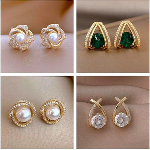 Kradhika Pack of 4 Stylish Gold Stone Pearl Stud Tops Earrings Women Girls Light weight Crystal, Cubic Zirconia, Pearl Alloy, Brass, Stone Drops & Danglers, Earring Set, Hoop Earring, Rhinestone Studs, Stud Earring