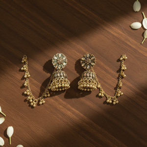 ASAYATI Antique Gold-Plated Jhumka Earrings with Bahubali Style Ear Chains Pearl Brass, Copper Jhumki Earring