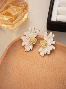 Tiso Elegant Big Flower Gold Korean Earrings for Women Girls Beige Statement Studs Crystal, Cubic Zirconia, Pearl Alloy, Brass, Stone Drops & Danglers, Earring Set, Huggie Earring, Rhinestone Studs, Stud Earring