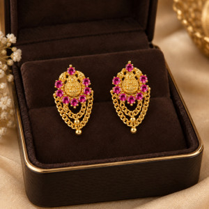 Sezhungol Traditional Gold-Plated Lakshmi Earrings with Ruby Stones Hanging Triple Chain Ruby Alloy Jhumki Earring