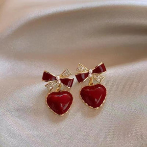 Devisha Trinkets Korean red heart bow cute chic earrings for women Cubic Zirconia Alloy Drops & Danglers, Earring Set, Huggie Earring, Rhinestone Studs, Stud Earring