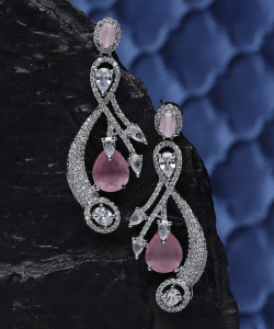 ZENEME Rhodium-Plated Pink American Diamond studded Quirky Shaped Drop Earrings Cubic Zirconia Brass Drops & Danglers