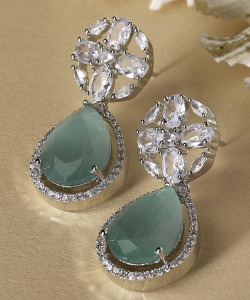 ZENEME Sea Green & White American Diamond studded Drop Earrings Cubic Zirconia Brass Drops & Danglers