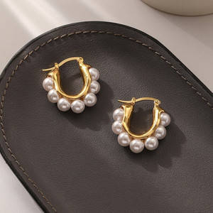 Aylana Golden U Shaped Hoop With Pearl Korean Earrings Pearl Alloy Hoop Earring, Huggie Earring