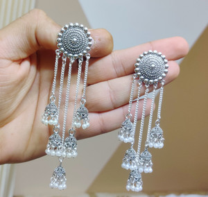 TANLOOMS Stylish & Party Wear Jhumkas Latest Collection 5 Layer Latkan earrings for Girls and Women. (Silver Color) Brass Jhumki Earring