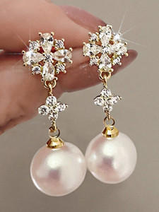 AKISON JEWELS White Pearl Zircon Drop Korean Earrings For Women Girls Trendy Western Fashion Pearl, Crystal, Diamond, Cubic Zirconia Alloy Earring Set, Drops & Danglers