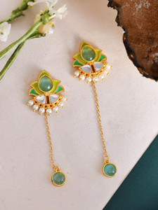 Voylla Forever More Green Stones and Pearls Enameled Drop Earrings Brass Drops & Danglers
