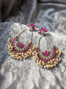 THE RAGHU COLLECTION Traditional Ruby Maroon & White Stone Studded Chandbali Earrings Pearl Droplets. Cubic Zirconia Alloy Chandbali Earring