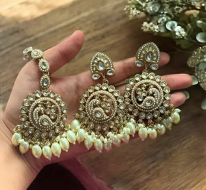 HATRENDZ GOLD PLATED CHANDBALIS EARRING AND MANGTIKKA FOR WOMEN AND GIRL Alloy Earring Set