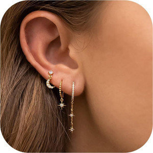 gustave Gold Stud and Hoop Earrings Set 3 Pairs Moon Star Earrings for Women Multiple Brass Earring Set